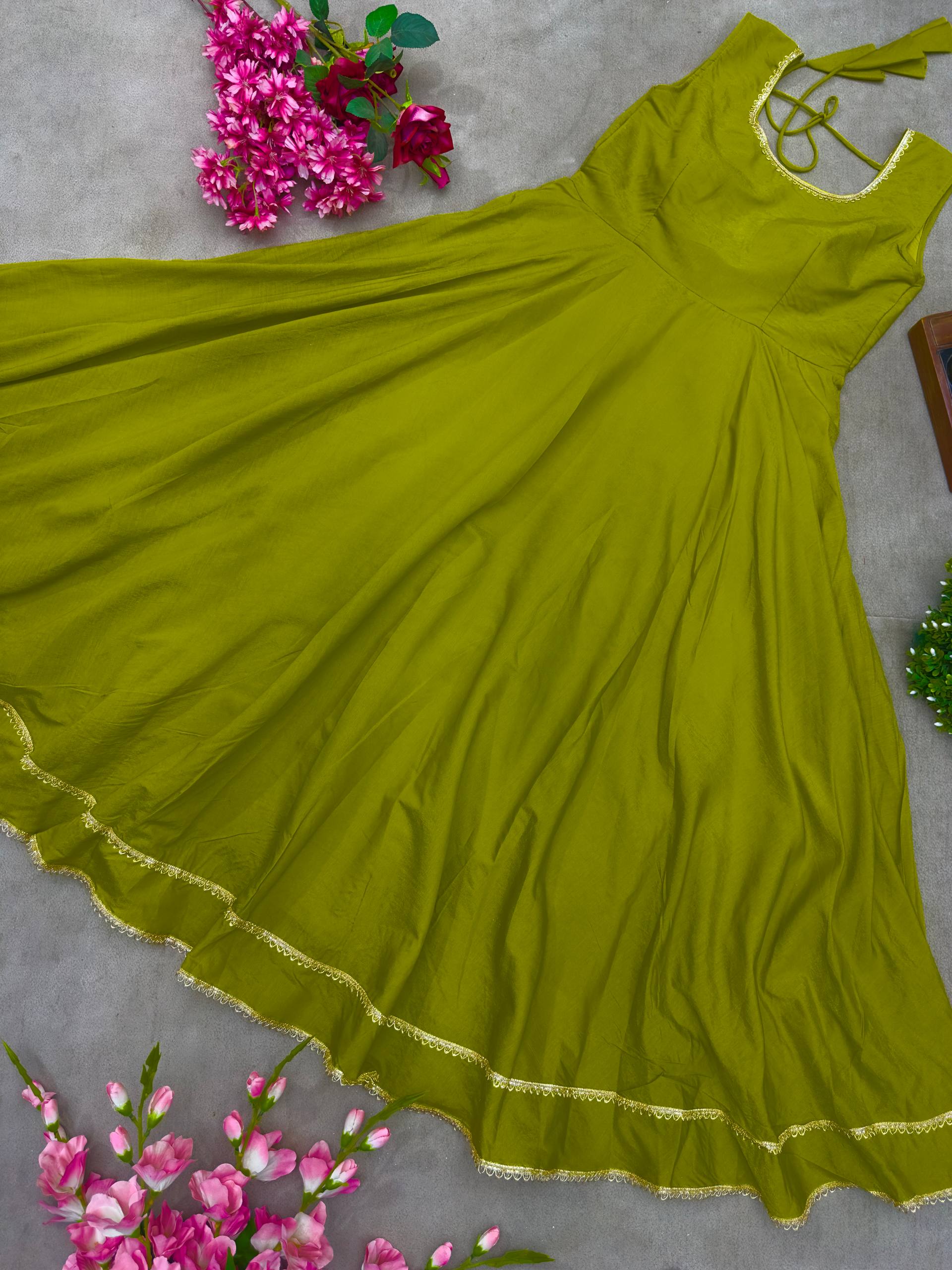 Designer Mehndi Color Roman Simmer Silk Top, Plazzo & Dupatta Set – Embroidery & Gota Lace Work