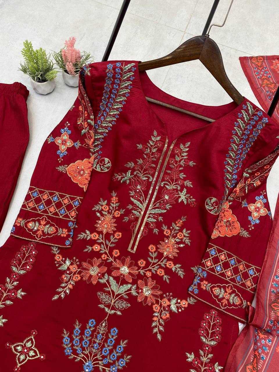 Designer Roman Silk Top with Pant & Dupatta – Embroidery & Sequence Work