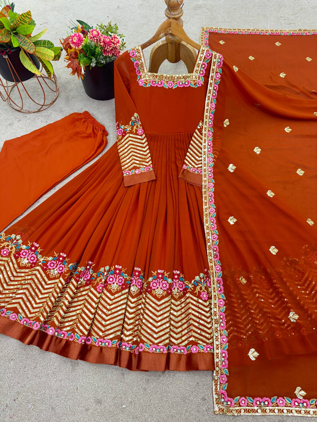 Designer Heavy Georgette Gown Set with Bottom & Dupatta – Multi Thread Embroidery & Sequence Work