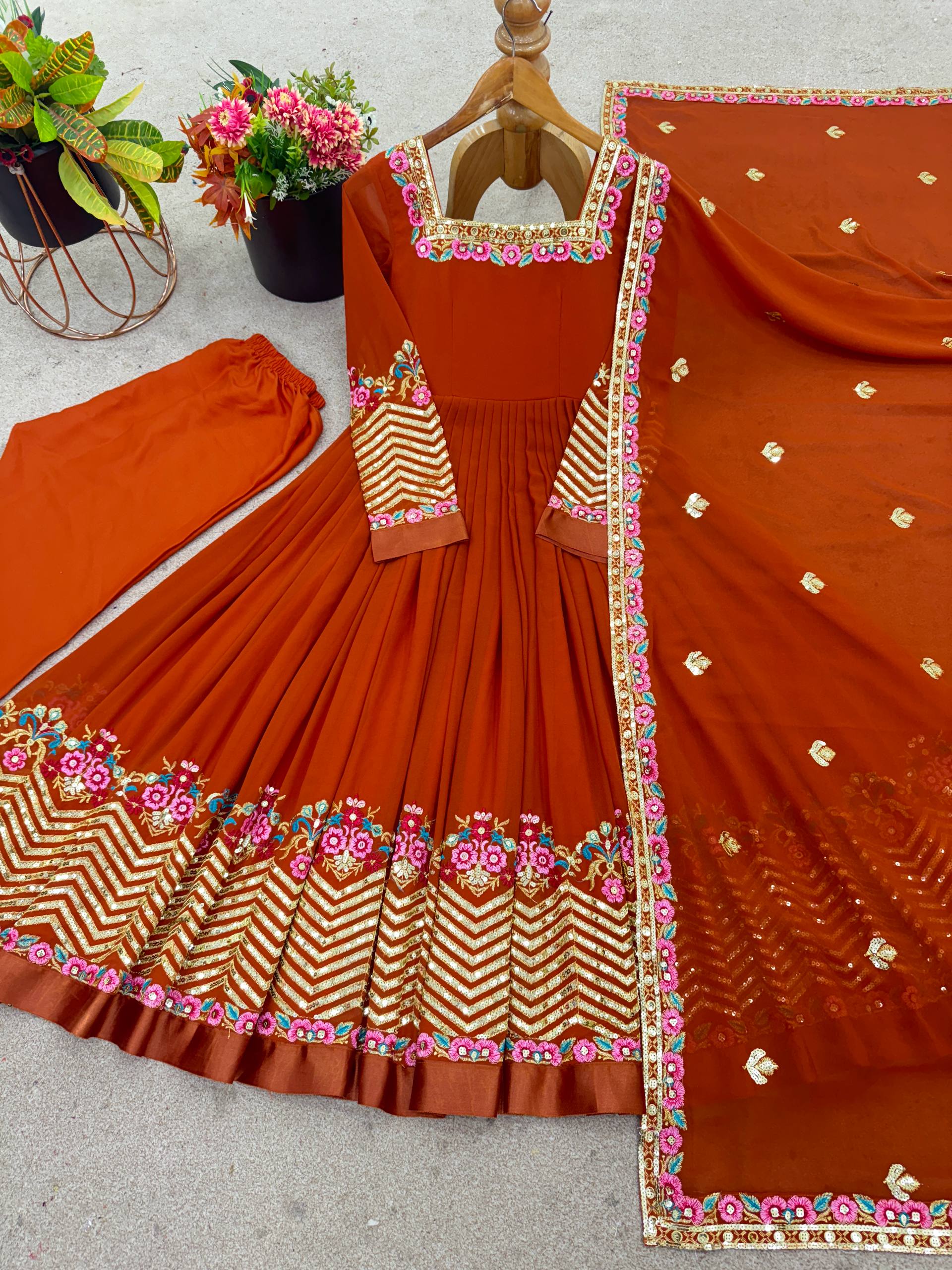 Designer Heavy Georgette Gown Set with Bottom & Dupatta – Multi Thread Embroidery & Sequence Work