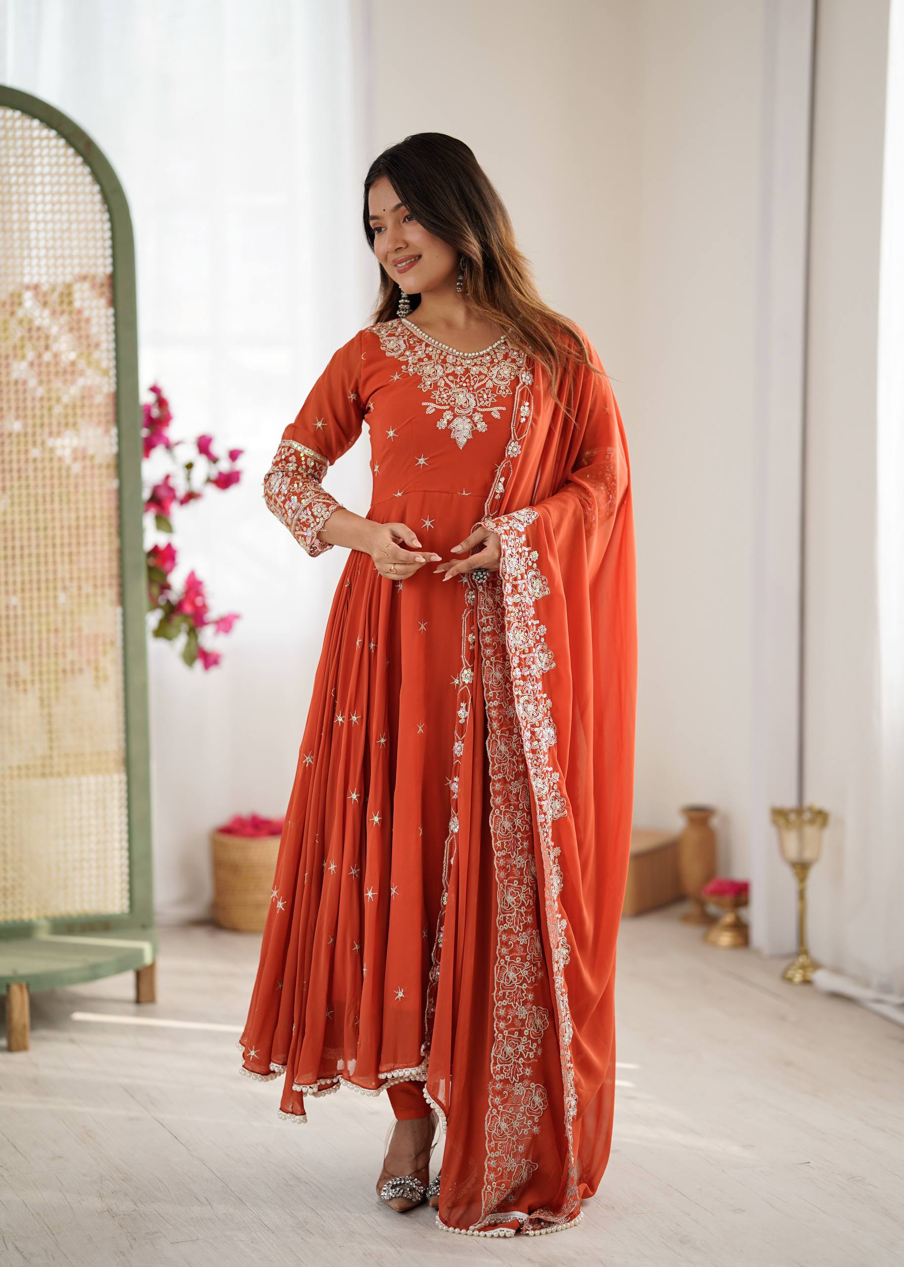 Anarkali Gown Set with Bottom & Dupatta – Heavy Embroidery, Rainbow Sequence & Moti Work