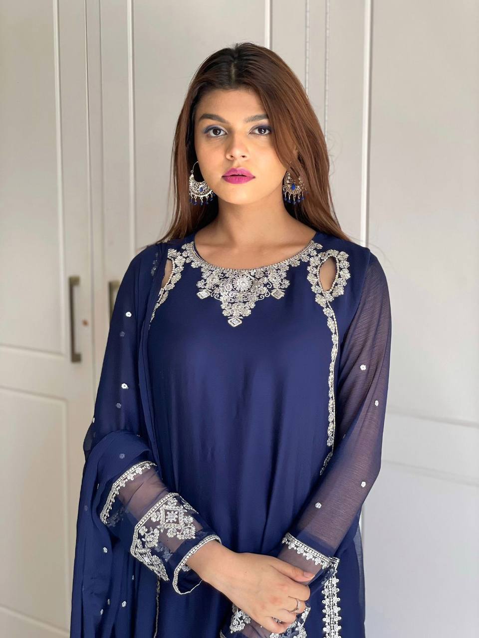 Designer Faux Georgette Top & Bottom Set with Dupatta – Heavy Embroidery & Sequence Work