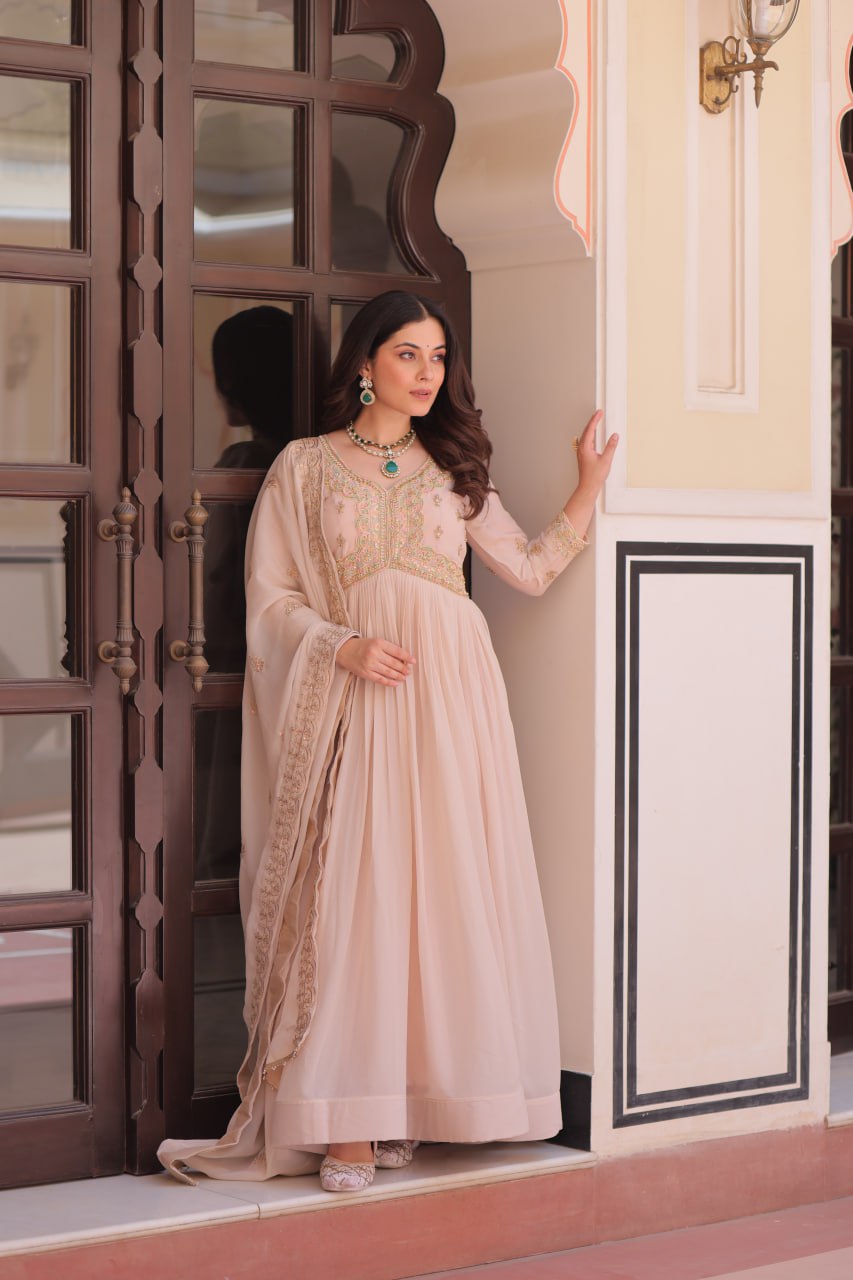 Cream Star Georgette Gown with Dupatta – Beads & Sequins Multi-Embroidery