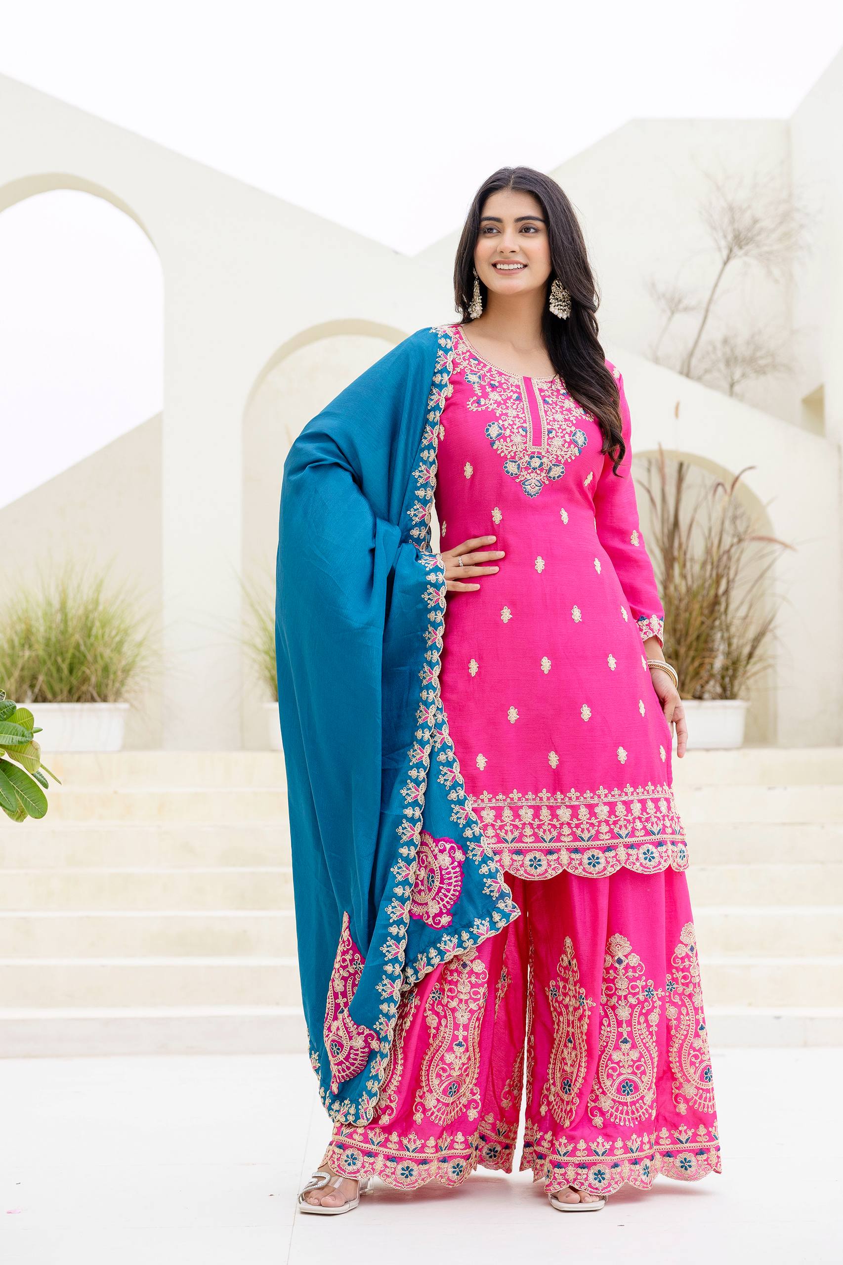 Women Ethnic Motifs Embroidered Kurta with Sharara & Dupatta