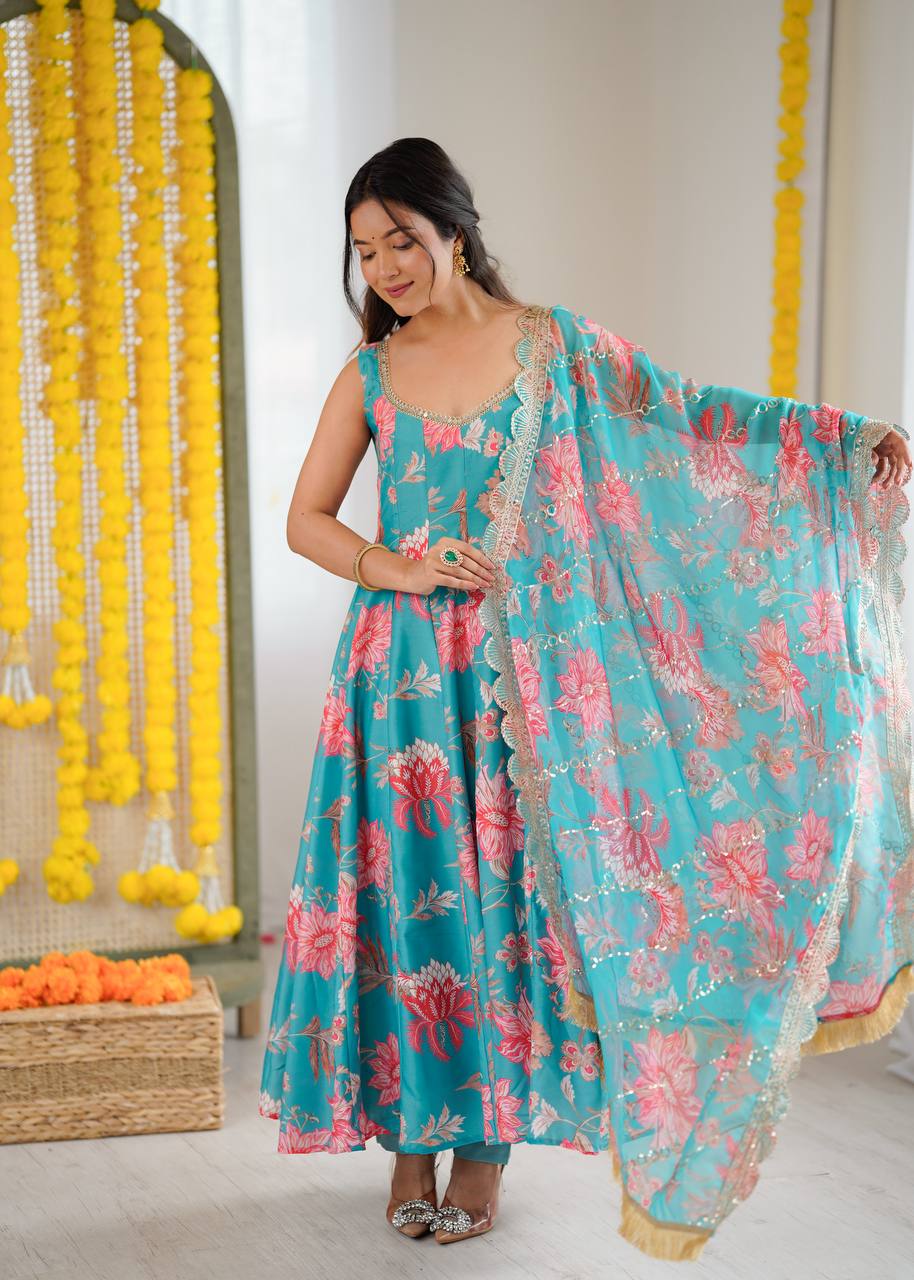 Rama Blue Colour Muslin Floral Print Anarkali Kurtis