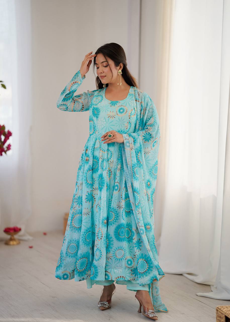 Womens Blue Printed Anarkali Kurta With Trousers & Dupatta