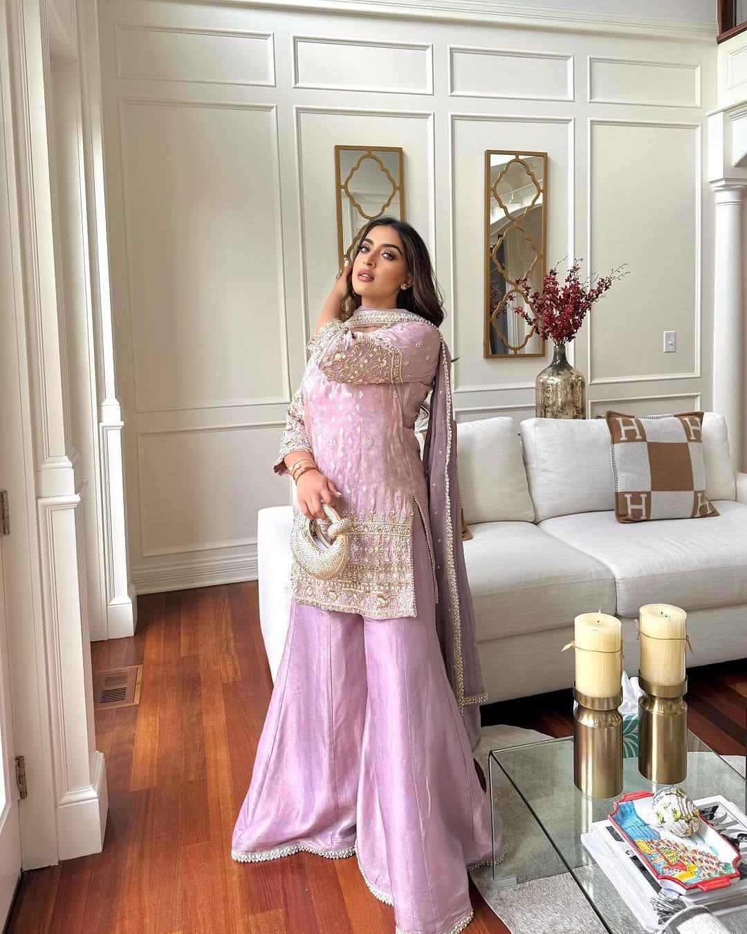 Premium Baby Pink Cosmos Silk Sequin & Zari Work Palazzo Set