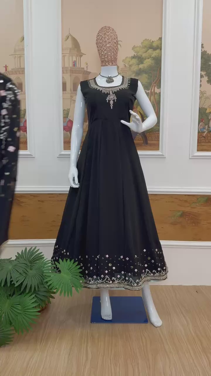 Designer Faux Georgette Gown, Koti & Dupatta Set – Embroidery & Crystal Stone Work