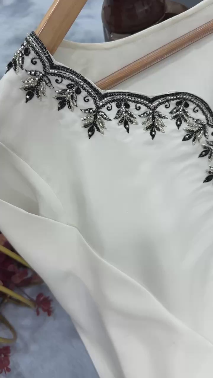 Designer Natural Crepe Top with Farshi Plazzo & Dupatta – Beads, Embroidery & Sequence Work