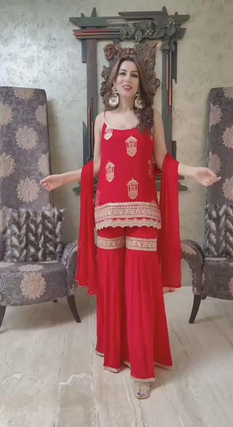 Designer Red Color Sharara Suit