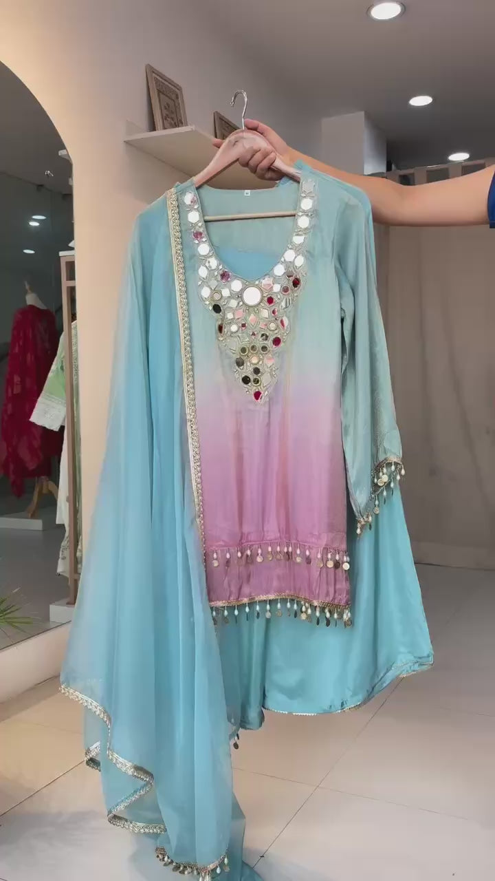 Exclusive 3-Piece Plazzo Set with Dupatta – Printed Crape Silk & Mirror Embroidery Work