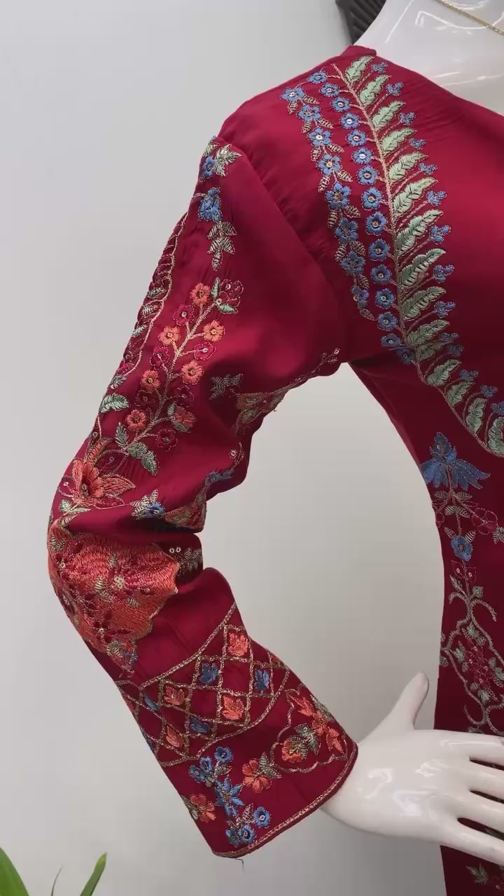 Designer Roman Silk Top with Pant & Dupatta – Embroidery & Sequence Work