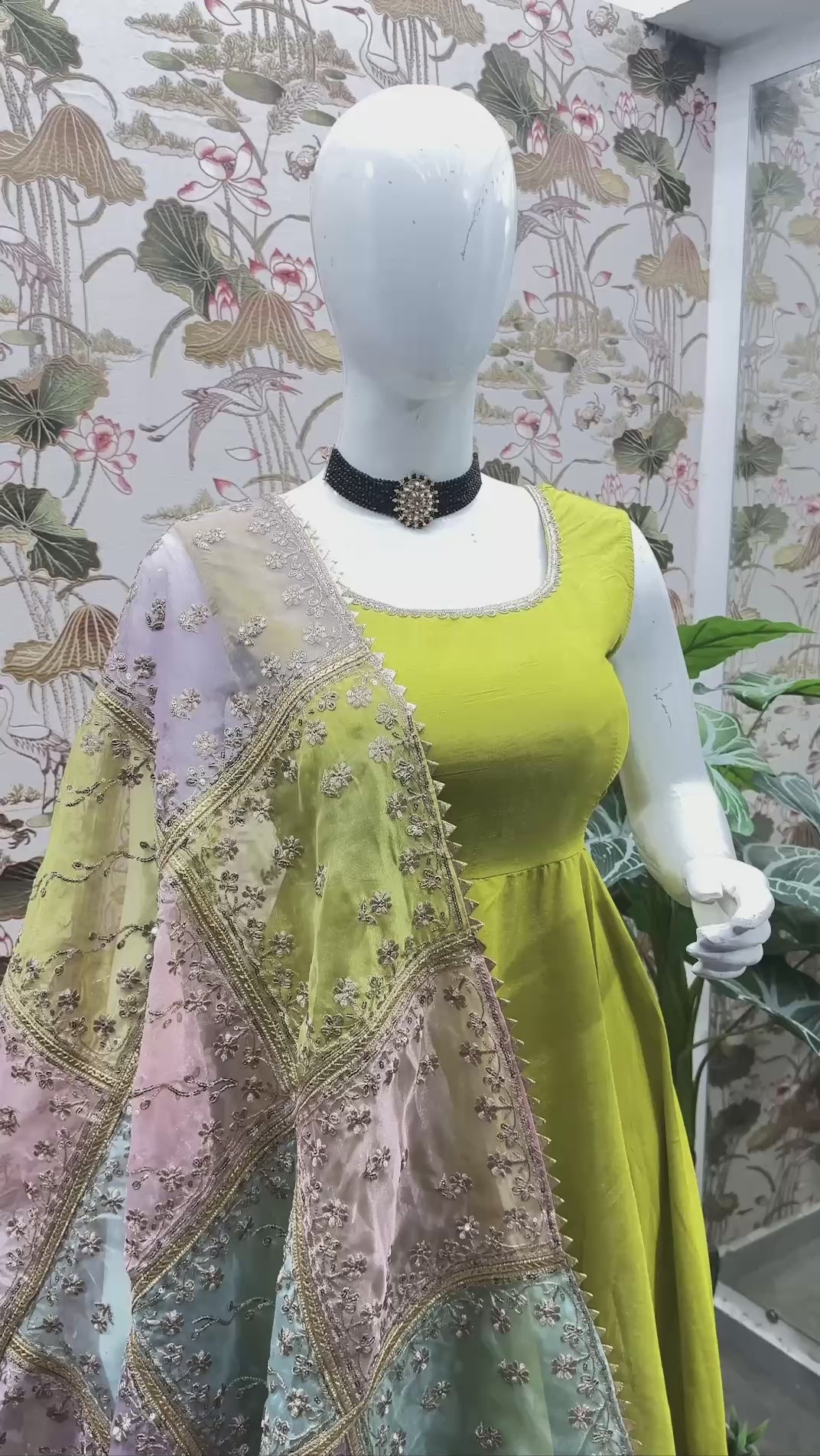 Designer Mehndi Color Roman Simmer Silk Top, Plazzo & Dupatta Set – Embroidery & Gota Lace Work