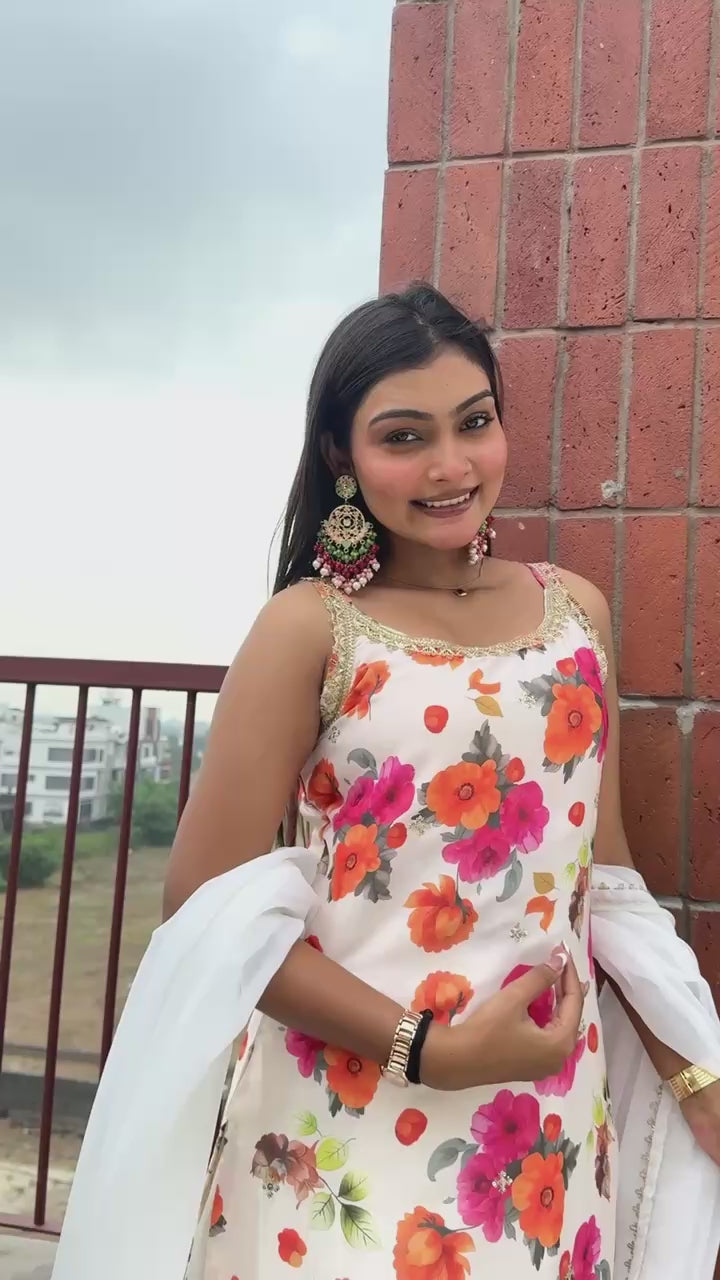 Exclusive  White Chinon Silk Kurti with Flared Plazzo and Lace Dupatta