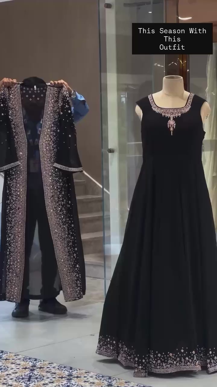 Designer Faux Georgette Gown, Koti & Dupatta Set – Embroidery & Crystal Stone Work