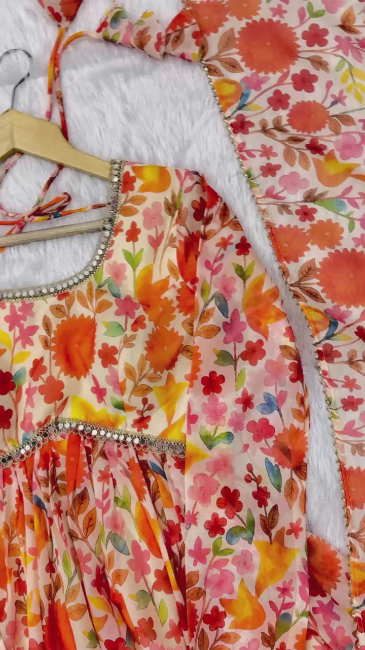 Designer Taby Organza Kediya Kurta Set with Palazzo & Dupatta – Floral Print & Mirror Lace