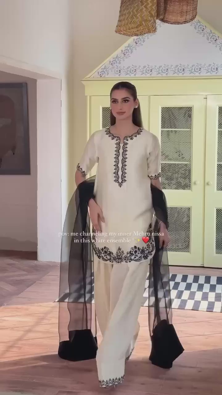 Designer Natural Crepe Top with Farshi Plazzo & Dupatta – Beads, Embroidery & Sequence Work