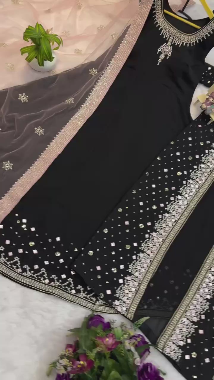 Designer Faux Georgette Gown, Koti & Dupatta Set – Embroidery & Crystal Stone Work